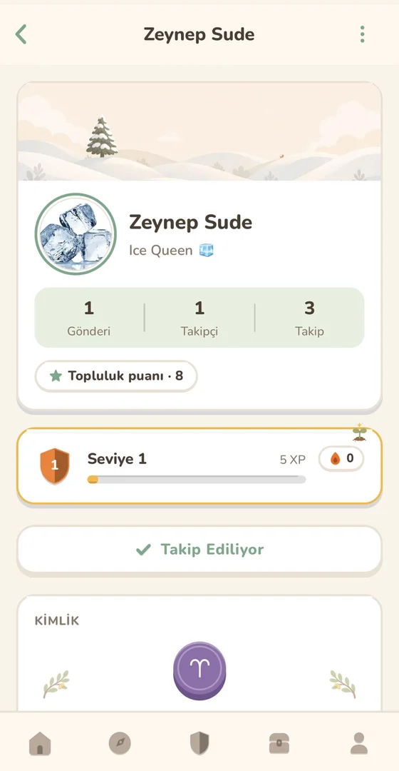 AN APP profil ekranı: kapak görseli, avatar ve biyografi alanı